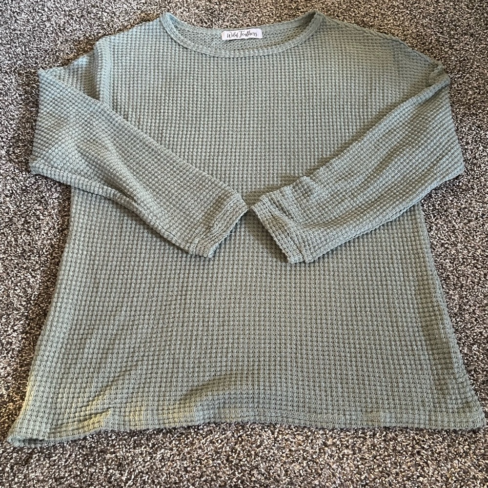 Wild Feathers Green Waffle Knit Long Sleeve Pullover Sweater XL